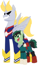 Size: 758x1280 | Tagged: safe, artist:ashartsathing, alicorn, earth pony, pony, all might, all might's hero costume, dadmight, deku's hero costume, duo, izuku midoriya, male, male alicorn, mentor and protege, my hero academia, one for all, ponified, quirked pony, simple background, teacher and student, transparent background, using quirk