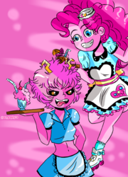 Size: 866x1200 | Tagged: safe, artist:art-graphy14, pinkie pie, coinky-dink world, equestria girls, g4, my little pony equestria girls: summertime shorts, crossover, duo, female, milkshake, mina ashido, minapie, my hero academia, server pinkie pie