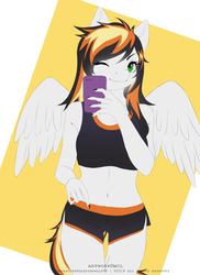 Size: 1000x1372 | Tagged: safe, artist:mcl, oc, oc only, pegasus, anthro, anthro oc, bra, cellphone, clothes, commission, digital art, female, green eyes, looking at you, mare, nail polish, one eye closed, phone, shorts, signature, simple background, smartphone, smiling, solo, underwear, wink, ych result