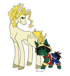 Size: 1280x1391 | Tagged: safe, artist:morningbrew-pony, pony, all might, all might's hero costume, cute, dadmight, duo, izuku midoriya, izuku's all might onesie, male, mentor and protege, my hero academia, ponified, quirked pony, small might, species swap, teacher and student, true form