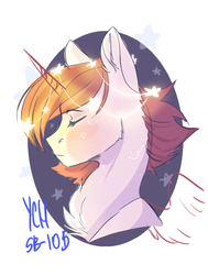 Size: 1692x2233 | Tagged: safe, artist:swoopypoolin, oc, oc only, pony, advertisement, auction, bust, commission, digital art, eyes closed, male, portrait, solo, stallion, ych example, your character here