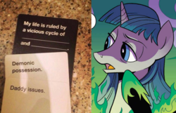 Size: 853x549 | Tagged: safe, idw, pony of shadows, stygian, pony, unicorn, g4, legends of magic annual 2018, cards against humanity, male, meme, stallion