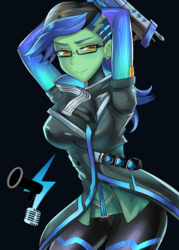 Size: 600x840 | Tagged: safe, artist:tzc, oc, oc:lightning voice, human, anime, clothes, commission, cosplay, costume, crossover, female, glasses, humanized, humanized oc, overwatch, pants, solo, sombra (overwatch)