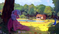 Size: 1140x656 | Tagged: safe, artist:rodrigues404, oc, oc only, oc:haiky haiku, bat pony, bird, butterfly, insect, peacock, animated, bat pony oc, bat wings, blue mane, cottage, female, flower, grass, pink fur, pond, smiling, solo, tree, wings