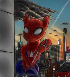 Size: 1740x1920 | Tagged: safe, artist:com3tfire, pony, male, marvel, ponified, solo, spider-man, spider-pony, sunset, superhero