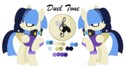 Size: 751x396 | Tagged: safe, artist:mlpcrystalharmony, artist:selenaede, oc, oc only, oc:duel tone, pegasus, pony, icey-verse, base used, clothes, coat, female, hair over eyes, magical lesbian spawn, mare, next generation, offspring, parent:sapphire shores, parent:songbird serenade, parents:sapphire songbird, raised hoof, reference sheet, simple background, solo, transparent background, two toned wings