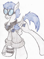 Size: 1522x2062 | Tagged: safe, artist:wyren367, oc, oc only, oc:tempest breaker, pegasus, pony, clothes, colored pencil drawing, goggles, jacket, male, military, military pony, military uniform, rank, simple background, stallion, traditional art