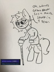 Size: 2448x3264 | Tagged: safe, artist:nootaz, oc, oc only, oc:nootaz, pony, derpibooru, 1000, cane, clothes, derpimilestone, high res, meta, monochrome, older, solo, sweater, tags, traditional art