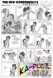 Size: 1600x2344 | Tagged: safe, artist:marmorexx, blaze, fleetfoot, high winds, rainbow dash, soarin', spitfire, surprise, comic:the new wonderbolt, g4, atomic rainboom, biting, crying, female, male, monochrome, partial color, rejection, ship:soarindash, shipping, shipping denied, straight, wing bite