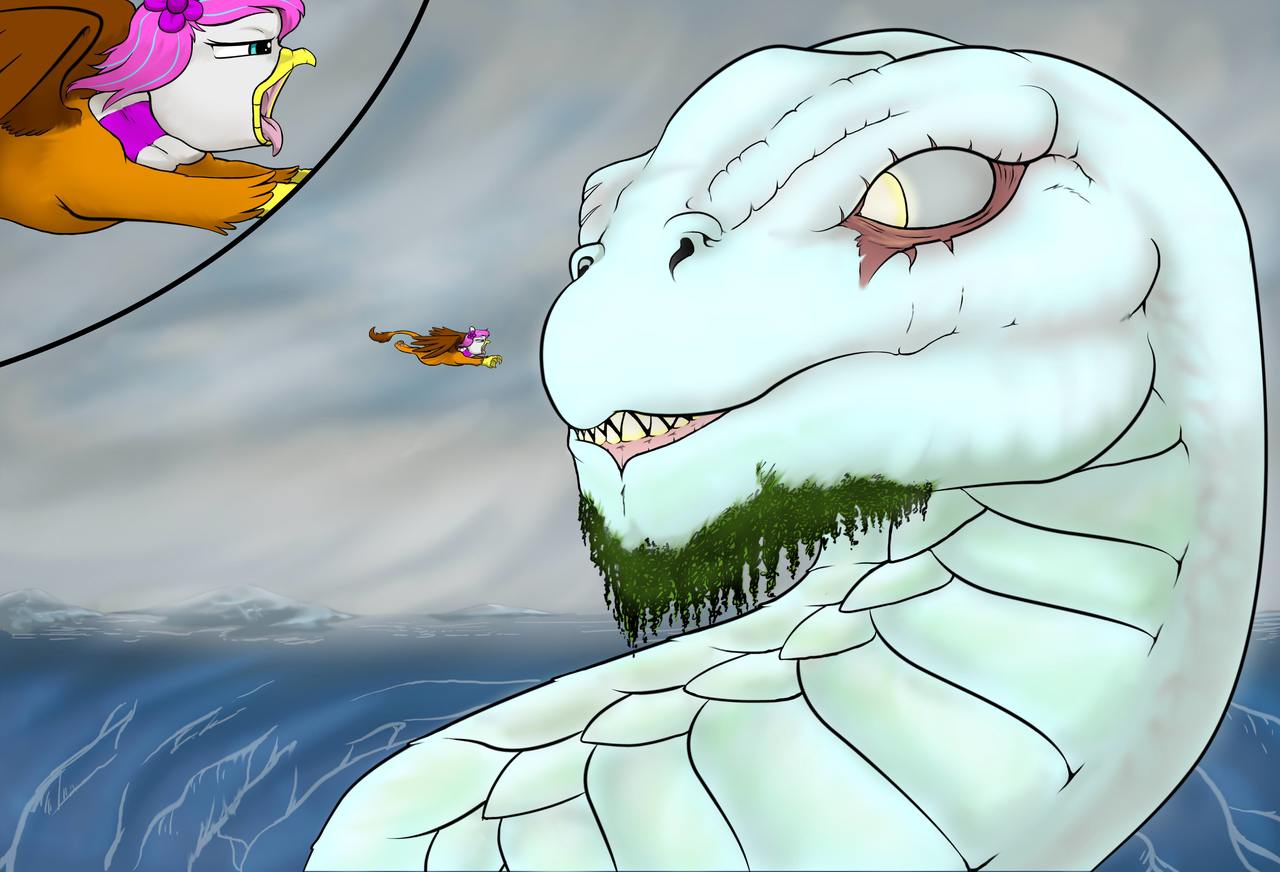 1833409 - suggestive, artist:silent-e, oc, oc:skye lily, griffon, snake,  fetish, god of war, imminent vore, jörmungandr, micro pred, this will end  in tears, world serpent - Derpibooru