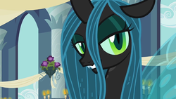 Size: 960x540 | Tagged: safe, screencap, queen chrysalis, changeling, changeling queen, a canterlot wedding, g4, female, lidded eyes, looking at you, solo