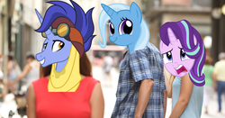 Size: 2482x1299 | Tagged: safe, hoo'far, starlight glimmer, trixie, g4, road to friendship, distracted boyfriend meme, female, lesbian, ship:startrix, shipping, straight, trixfar