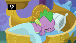 Size: 1920x1080 | Tagged: safe, screencap, spike, dragon, a rockhoof and a hard place, g4, bed, male, pillow, sleeping, solo, spike's bed, spike's room, tongue out, winged spike, wings