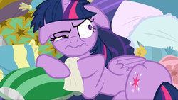 Size: 1920x1080 | Tagged: safe, screencap, twilight sparkle, alicorn, pony, g4, school daze, angry, bed, floppy ears, pillow, sad, twilight sparkle (alicorn), unamused, upset