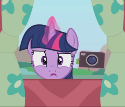 Size: 1262x1080 | Tagged: safe, artist:forgalorga, edit, twilight sparkle, g4, camera, cropped, disgusted, female, glowing horn, horn, levitation, magic, mare, reaction image, secrets of the mane 6, she knows, spying, telekinesis