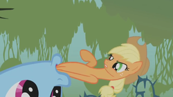 Size: 1920x1080 | Tagged: safe, screencap, applejack, rainbow dash, bridle gossip, g4, appletini, everfree forest, micro, mouth, nom