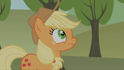 Size: 1920x1080 | Tagged: safe, artist:forgalorga, applejack, g4, cowboy hat, hat, scrunchy face