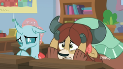 Size: 1920x1080 | Tagged: safe, screencap, ocellus, yona, changedling, changeling, yak, a rockhoof and a hard place, g4, bookshelf, bow, classroom, cloven hooves, cowering, desk, discovery family logo, female, hair bow, monkey swings, quilt, sad, scared, worried