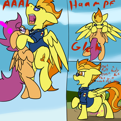 Size: 3000x3000 | Tagged: safe, artist:undercoverpone, scootaloo, spitfire, pegasus, pony, g4, the washouts (episode), blank flank, comic, dialogue, female, fetish, high res, mare, scootaprey, spitpred, surprised, vore