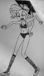 Size: 2432x4136 | Tagged: safe, artist:heqg, rarity, equestria girls, g4, black panties, black underwear, bra, breasts, clothes, embarrassed, embarrassed underwear exposure, female, graduation cap, hat, monochrome, panties, raripanty, socks, solo, traditional art, underwear