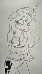Size: 2432x4320 | Tagged: safe, artist:heqg, princess luna, anthro, g4, blushing, bra, breasts, clothes, embarrassed, embarrassed underwear exposure, female, frilly underwear, monochrome, panties, ribbon, solo, traditional art, underwear