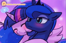 Size: 1622x1080 | Tagged: safe, artist:lumineko, edit, princess luna, twilight sparkle, alicorn, pony, g4, blushing, cheek rub, cute, duo, female, nuzzling, patreon, patreon logo, twilight sparkle (alicorn)