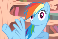 Size: 1587x1080 | Tagged: safe, screencap, rainbow dash, bridle gossip, g4, season 1, caught, disproportional anatomy, faic, golden oaks library, let's face it you've caught me doing worse, rainbow dash is best facemaker, reaction image, wat