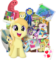 Size: 1878x2014 | Tagged: safe, artist:lumorn, alula, apple bloom, aura (g4), bloo, carrot top, fruit pack, golden harvest, noi, pinkie pie, piña colada, pluto, rainbow dash, ruby splash, earth pony, pony, galacon, g4, background pony, camera, cute, female, filly, happy, movie accurate, noiabetes, photo, simple background, transparent background, wormie