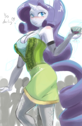 Size: 1242x1920 | Tagged: safe, artist:the-unicorn-lord, rarity, unicorn, anthro, g4, alcohol, blushing, breasts, cleavage, clothes, dress, female, solo, stockings, thigh highs
