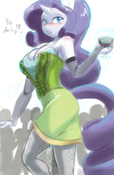 Size: 1242x1920 | Tagged: safe, artist:the-unicorn-lord, rarity, unicorn, anthro, g4, alcohol, blushing, breasts, cleavage, clothes, dress, female, fishnet clothing, fishnet stockings, solo, stockings, thigh highs