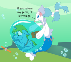 Size: 3000x2600 | Tagged: safe, artist:bladedragoon7575, oc, oc only, oc:balance blade, primarina, bondage, bubble, encasement, high res, holding breath, in bubble, pokémon, rebreather, story included, trapped, treasure chest, underwater