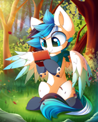 Size: 2986x3716 | Tagged: safe, artist:kaleido-art, oc, oc only, oc:trailblazer, pegasus, pony, 3ds, bandana, colored wings, forest, high res, male, multicolored wings, scenery, sitting, solo, stallion