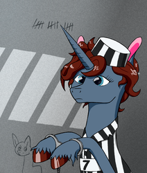 Size: 905x1066 | Tagged: safe, artist:askprosecutie, oc, oc:prosecutie, pony, 7, clothes, cuffs, hat, jail, prison, prison outfit, shackles, solo