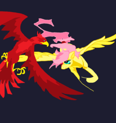 Size: 1152x1218 | Tagged: safe, artist:foldawaywings, fluttershy, bird, pegasus, pony, g4, bird of prey, black background, duo, female, flying, mare, missing eye, simple background, spread wings, wings, wip