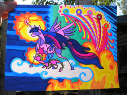 Size: 2016x1512 | Tagged: safe, artist:foldawaywings, spike, twilight sparkle, alicorn, dragon, pony, g4, abstract background, brother and sister, cloud, duo, female, fire, horn, irl, magic, male, mare, marker drawing, on a cloud, photo, siblings, spread wings, stained glass, standing on a cloud, traditional art, twilight sparkle (alicorn), wings