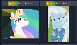Size: 769x450 | Tagged: safe, princess celestia, trixie, derpibooru, equestria girls, equestria girls specials, g4, my little pony equestria girls: better together, my little pony equestria girls: forgotten friendship, female, juxtaposition, meta, serious, serious face, smiling