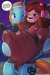 Size: 750x1125 | Tagged: safe, artist:lumineko, rockhoof, yona, earth pony, pony, yak, a rockhoof and a hard place, g4, bow, cloven hooves, female, hair bow, heart, hot for teacher, looking at each other, male, monkey swings, ship:yonahoof, stallion, straight, this will end in jail time