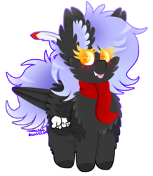 Size: 810x930 | Tagged: safe, artist:vanillaswirl6, oc, oc only, oc:cloudy night, pony, :p, chest fluff, clothes, colored hooves, colored pupils, feather, fluffy, freckles, gift art, scarf, signature, silly, simple background, solo, tongue out, transparent background