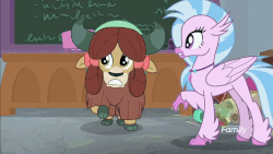 Size: 854x480 | Tagged: safe, screencap, gallus, ocellus, rockhoof, sandbar, silverstream, yona, changedling, changeling, classical hippogriff, earth pony, griffon, hippogriff, pony, yak, a rockhoof and a hard place, g4, animated, bow, classroom, cloven hooves, female, hair bow, jewelry, male, monkey swings, necklace, rockhoof's shovel, school of friendship, shovel, stallion, varying degrees of want