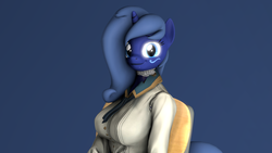 Size: 1920x1080 | Tagged: safe, artist:max seller, oc, oc only, oc:midnight music, anthro, 3d, anthro oc, chair, clothes, female, looking at you, mare, not luna, photo, simple background, sitting, smiling, solo