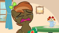 Size: 1280x720 | Tagged: safe, artist:jan, button mash, earth pony, pony, button's adventures, g4, colt, crying, curtains, foal, hat, juice, juice box, male, propeller hat, sad, screenshots, solo, window