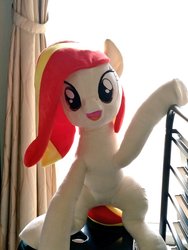 Size: 768x1024 | Tagged: safe, artist:nekokevin, oc, oc only, oc:poniko, earth pony, pony, female, irl, japan ponycon, looking at you, mare, open mouth, photo, plushie, raised hoof, smiling, solo, waving