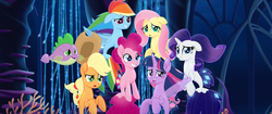 Size: 1920x808 | Tagged: safe, screencap, applejack, fluttershy, pinkie pie, rainbow dash, rarity, spike, twilight sparkle, alicorn, fish, pony, puffer fish, seapony (g4), g4, my little pony: the movie, fin wings, fins, mane seven, mane six, seaponified, seapony applejack, seapony fluttershy, seapony pinkie pie, seapony rainbow dash, seapony rarity, seapony twilight, seaquestria, smiling, species swap, spike the pufferfish, twilight sparkle (alicorn), underwater