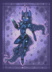 Size: 942x1300 | Tagged: safe, artist:raptor007, princess luna, semi-anthro, g4, arm hooves, breasts, clothes, cosplay, costume, crossover, dark samus, long legs, metroid, samus aran