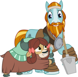 Size: 5555x5528 | Tagged: safe, artist:jhayarr23, rockhoof, yona, earth pony, pony, yak, a rockhoof and a hard place, g4, absurd resolution, beard, bow, braid, cloven hooves, duo, facial hair, female, hair bow, male, moustache, raised eyebrow, rockhoof's shovel, shovel, simple background, stallion, transparent background, vector