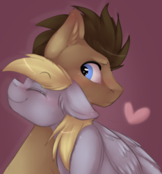 Size: 1024x1101 | Tagged: safe, artist:xcaramelcookiex, derpy hooves, doctor whooves, time turner, earth pony, pegasus, pony, g4, blushing, duo, eyes closed, female, heart, hearts and hooves day, male, mare, neck hug, ship:doctorderpy, shipping, simple background, smiling, stallion, straight