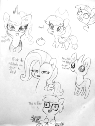 Size: 1280x1691 | Tagged: safe, artist:tjpones, applejack, fluttershy, princess luna, twilight sparkle, oc, oc:tjpones, alicorn, changedling, changeling, earth pony, ork, pegasus, pony, g4, :p, angry, apple, appul, black and white, buggo, cute, ear fluff, female, fluttershy is not amused, food, grayscale, jackabetes, lineart, majestic as fuck, male, mare, monochrome, silly, stallion, this is fine, tongue out, traditional art, unamused, warhammer (game), warhammer 40k