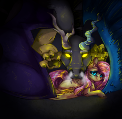 Size: 950x930 | Tagged: safe, artist:0whitewolf0o0, discord, fluttershy, draconequus, pegasus, pony, g4, black background, female, glowing eyes, male, mare, possessive, prone, protecting, ship:discoshy, shipping, simple background, straight
