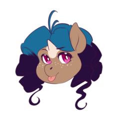 Size: 451x489 | Tagged: safe, artist:amaraburrger, oc, oc only, oc:sandy sketch, earth pony, hybrid, pony, unicorn, curly mane, cute, female, head, horn, mlem, silly, simple background, small horn, solo, tongue out, transparent background