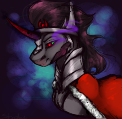 Size: 950x930 | Tagged: safe, artist:0whitewolf0o0, king sombra, pony, unicorn, g4, armor, bust, cape, clothes, curved horn, glowing eyes, horn, male, portrait, simple background, solo, stallion